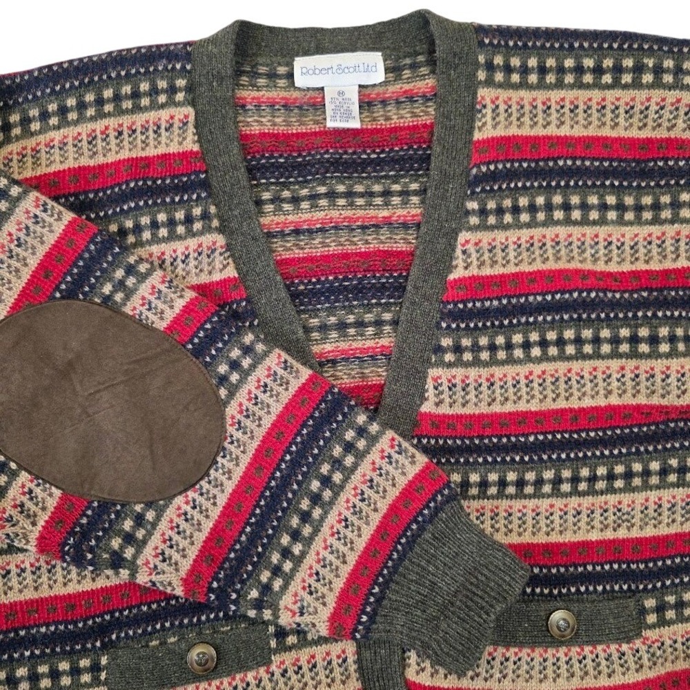 Vintage Robert Scott Ltd Women M Cardigan Olive Multi Fair Isle Wool Elbow Patch